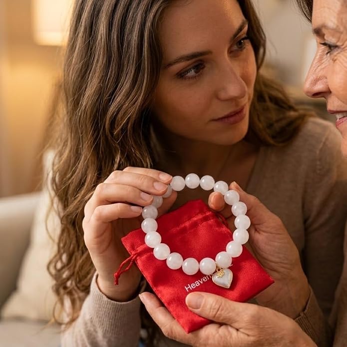 Premium White Jade Bracelet with Heart Charm – Natural White Jade Beaded Stretch Bracelet for Women, Elegant Lucky Crystal Jewelry Gift with Red Satin Pouch
