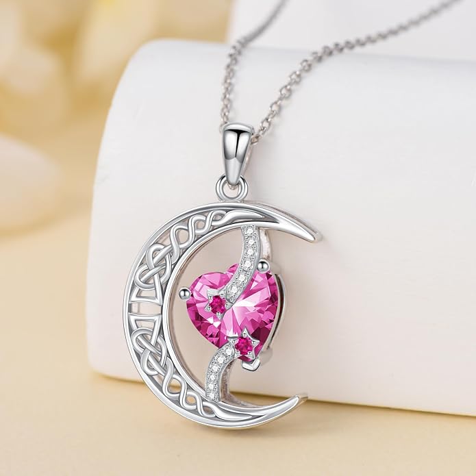 TOUPOP Moon and Star Birthstone Necklace for Women 925 Sterling Silver Celtic Moon Jewelry Birthday Mothers Day Gifts for Mom Wife Her