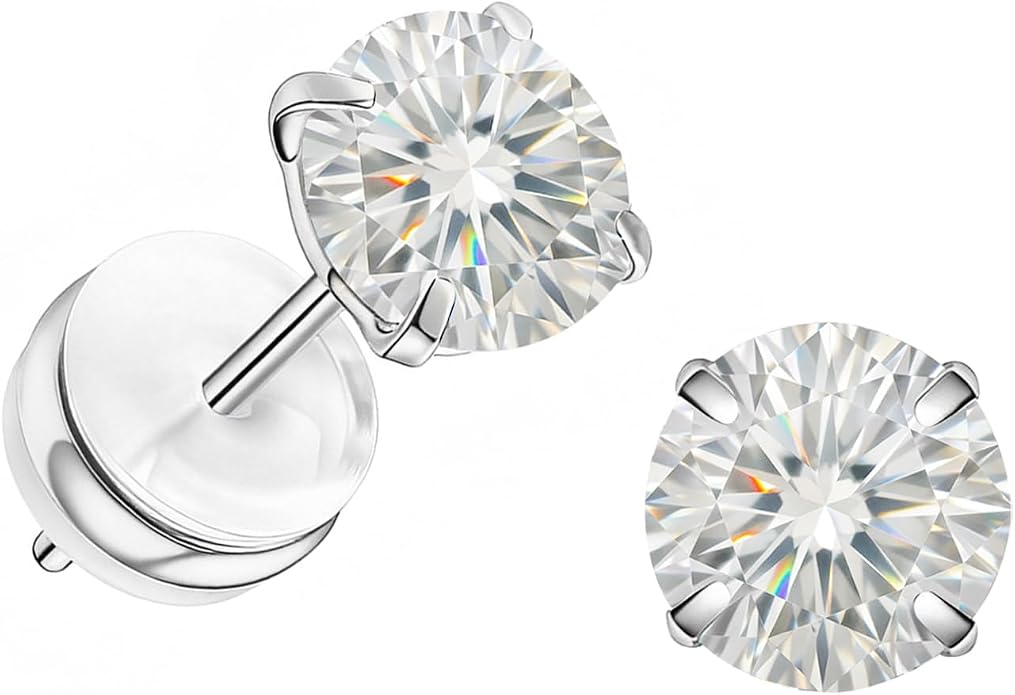 Moissanite Stud Earrings in 14K White Gold Plated Titanium | HypoAllergenic Earrings for Women & Men