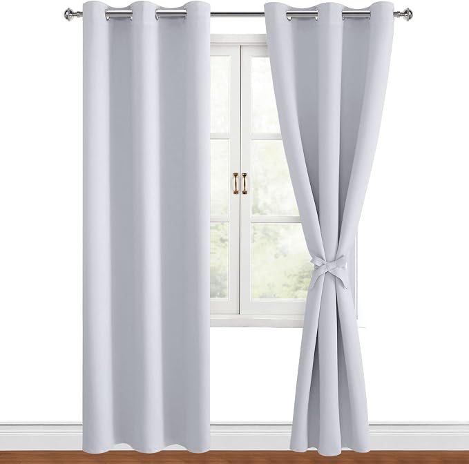 Hiasan Blackout Curtains for Bedroom, 42 x 84 Inches Long - Thermal Insulated & Energy Saving Window Curtains for Living Room, 2 Drape Panels Sewn with Tiebacks, Greyish White