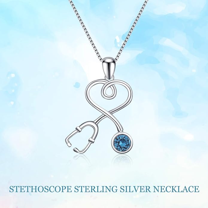 AOBOCO Stethoscope Necklace 925 Sterling Silver Embellished with 12 Months Birthstone Crystals from Austria, Graduation Gifts Medical Jewelry for Doctor Nurse Medical Student RN