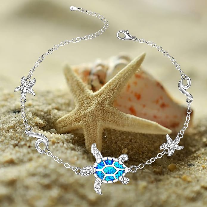 Sea Turtle Ankle Bracelets for Women Blue Opal Sterling Silver Beach Starfish Octopus Conch Ocean Anklets Jewelry Gifts