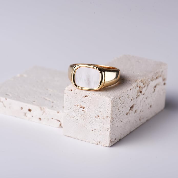 18K Gold Plated Women's Starburst Signet Ring - Minimalist Mother of Pearl Statement Piece