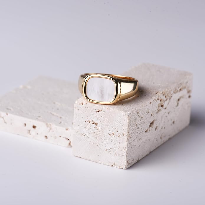 18K Gold Plated Women's Starburst Signet Ring - Minimalist Mother of Pearl Statement Piece