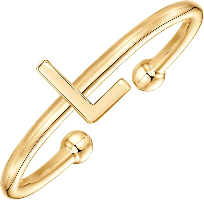 PAVOI 14K Gold Plated Initial Letter Adjustable Ring for Women - Thin Initial Band - Dainty Fashion Jewelry Gifts