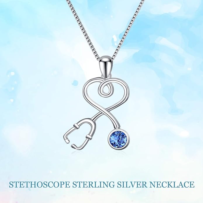 AOBOCO Stethoscope Necklace 925 Sterling Silver Embellished with 12 Months Birthstone Crystals from Austria, Graduation Gifts Medical Jewelry for Doctor Nurse Medical Student RN