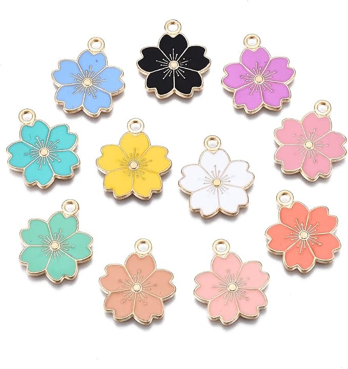 DanLingJewelry 100pcs Random Color Enamel Flower Charms Pendant Cherry Blossoms Charms for Women Girls Necklace Earring DIY Jewelry Accessories
