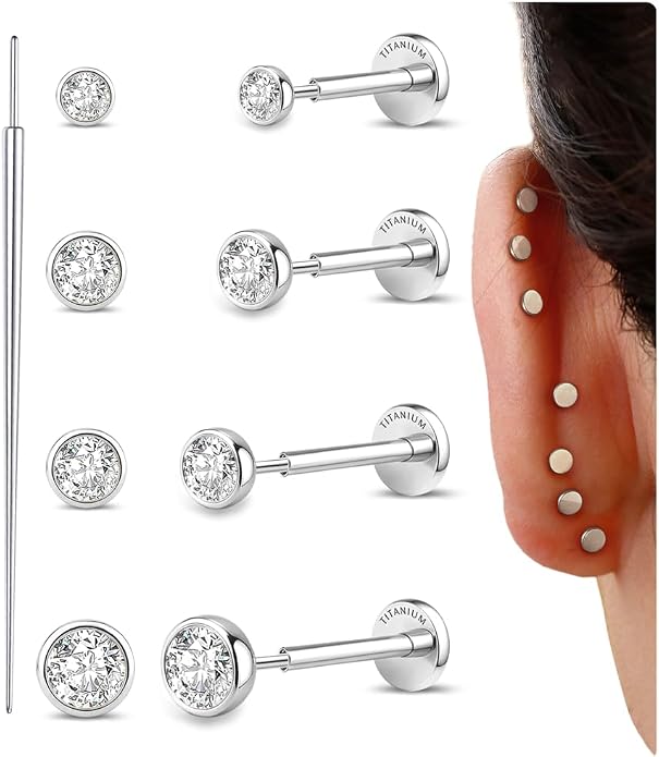 GEMQUEEN 4 Pairs 16G/18G/20G G23 Titanium Implant Grade Nose Studs Threadless Flat Back Earrings Hypoallergenic Flatback 5A CZ Cartilage Helix Tragus Conch Tiny Lip Piercing Jewelry for Women Men