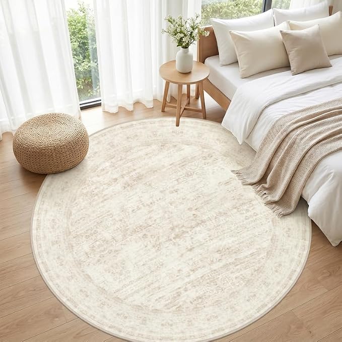 Round Area Rug for Living Room: 8ft Vintage Boho Neutral Washable Circle Rug Soft Large Circular Carpet for Bedroom Nursery Farmhouse Dining Room Office Floor Non-Slip Low Pile Under Table Retro Beige