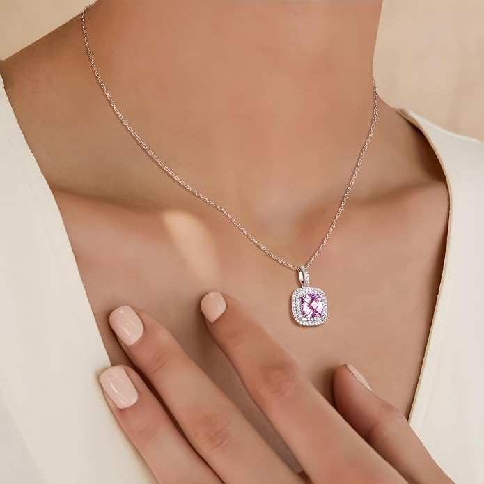 Birthstone Necklace for Women 925 Sterling Silver Cushion/Pear Cut Created Gemstone Halo Pendant Necklace Birthstone Jewelry