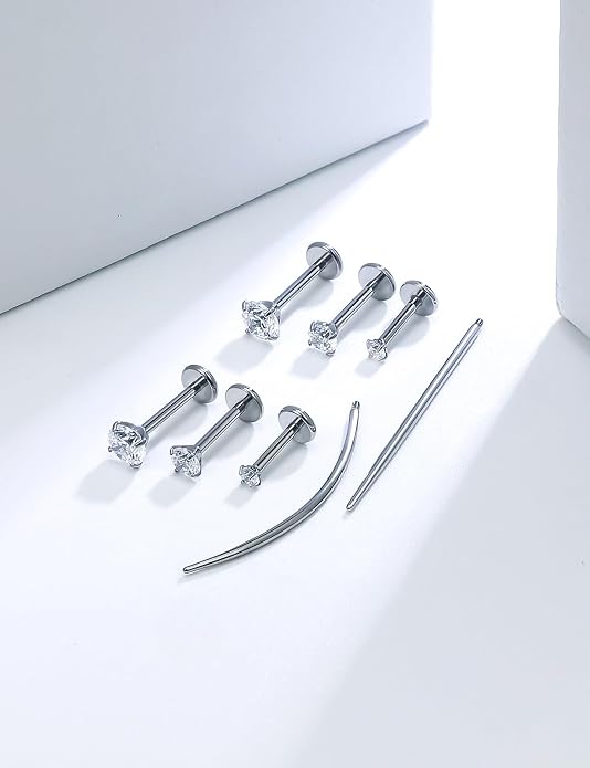 20G 18G 16G Astm F136 Titanium Internally Threaded Flat Back Earrings Nose Rings Studs G23 Titanium Tragus Helix Conch Cartilage Earrings Studs Piercing Jewelry For Women Men Clear Pink CZ