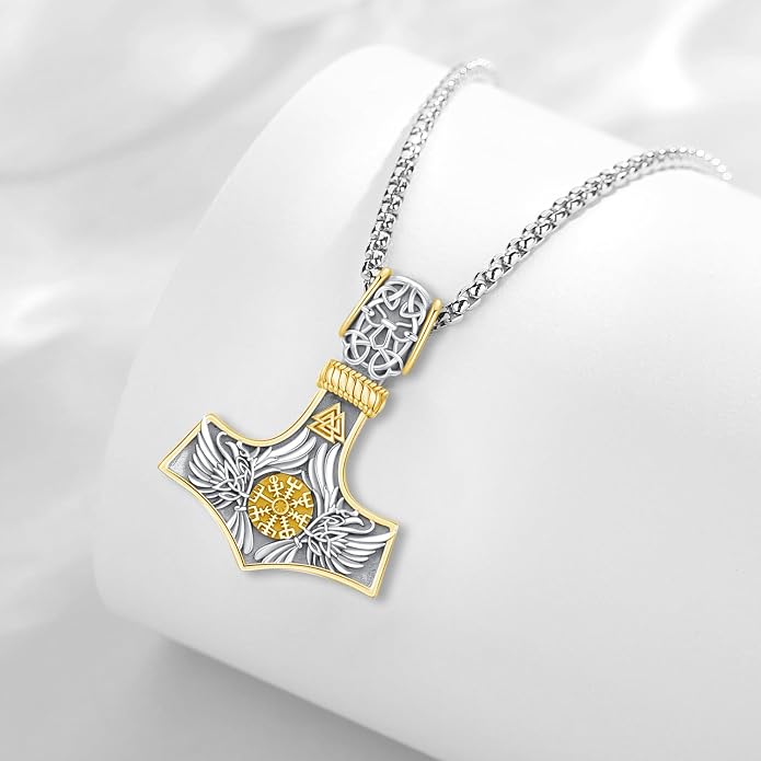 Viking Mjolnir Thors Hammer Necklace Norse Thor Talisman Amulet Pendant 925 Sterling Silver 18k Gold Plated Viking Jewelry Gifts for Men Women