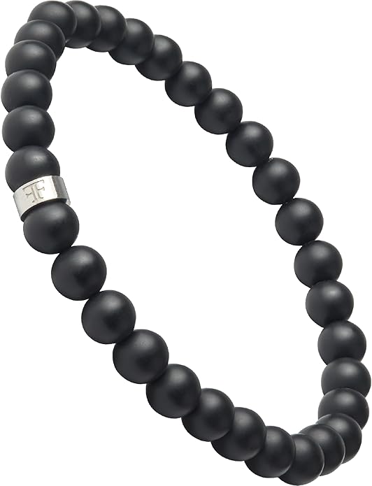 Forge & Foundry Men’s Matte Black Solid Onyx Beaded Bracelet | 10mm, 8mm, 6mm Bead Size Options | Signature Stainless Steel Engraved Bead | Andalus