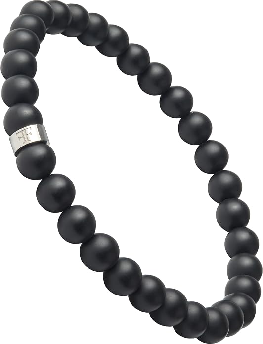 Forge & Foundry Men’s Matte Black Solid Onyx Beaded Bracelet | 10mm, 8mm, 6mm Bead Size Options | Signature Stainless Steel Engraved Bead | Andalus