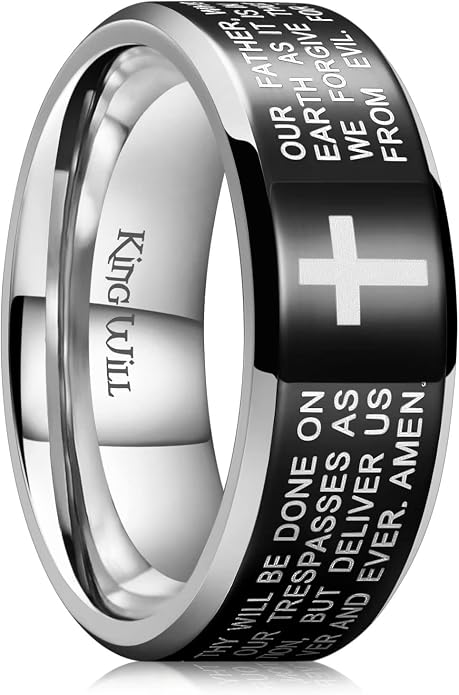 King Will Stainless Steel Men Ring Lord's Prayer Cross Ring Stainless Steel Men Wedding Ring, Wedding Band Bible Engraved Rings High Polished, Comfort Fit