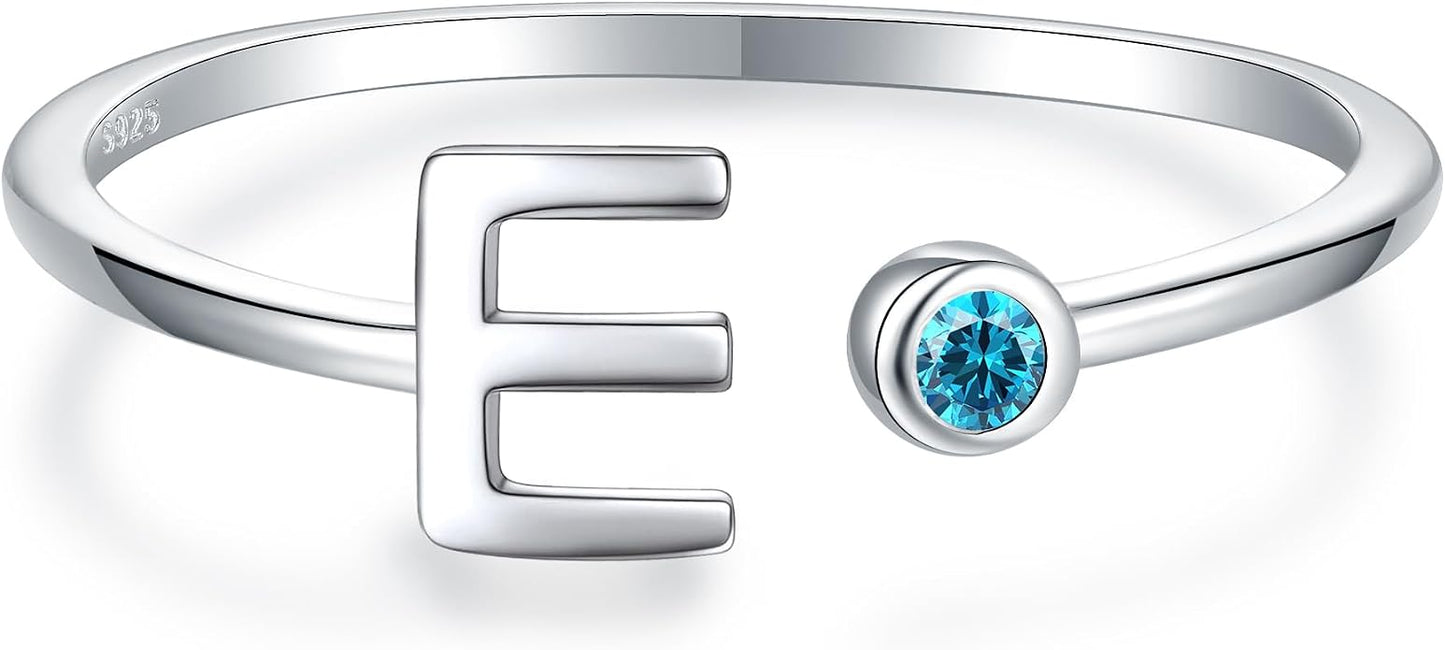 925 Sterling Silver Initial Letter Birthstone Rings for Women Adjustable 1-12 Month Birthstone Alphabet Stacking Ring for Teens Girls Stackable Birthstone Rings Birthday Jewelry Gift for Daughter Mom