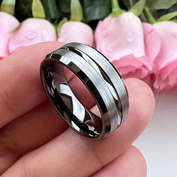 TUTISS 6mm 8mm Silver/Black/Blue/Gunmetal/Gold/Rose Gold Tungsten Rings for Men Women Fashion Engagement Wedding Bands Matte Finish Beveled Edges Comfort Fit