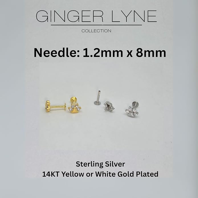Paw Print Threaded Flat Back Earrings Set by Ginger Lyne – 14K Gold over Sterling Silver – CZ Body Jewelry – Cartilage Helix Lobe Tragus Studs or Nose Piercing – 2 Piece Set