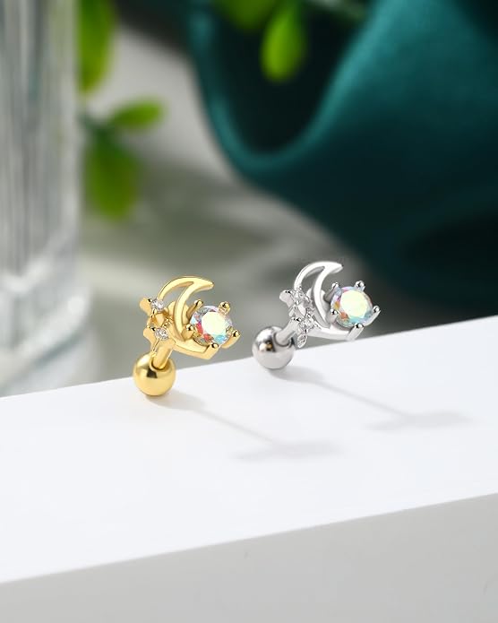 COCHARM 14K Gold Plated Cartilage Earrings Stud 16G Star 925 Sterling Silver Helix Tragus Earrings Surgical Steel Flat Back Earrings for Women