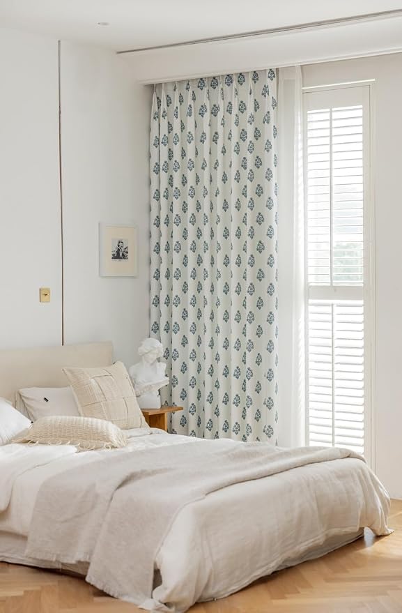 DrapePalette - Linen Blend Pinch Pleated Curtains 84 Inches Long for Living Room, Bedroom, Dining Room, Light Filtering Curtains 2 Panels Set, Modern Floral Printed Design, Kashmir Blue, 30" W x 84" L