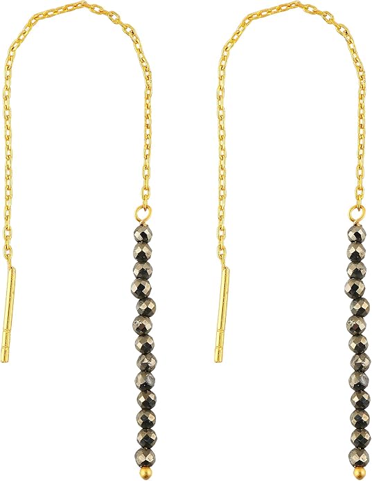 Natural Gemstone Threader Earrings for Women - Dainty 2mm Faceted Beads - Birthstone Crystal Drop Earrings - Silver Plated Healing Jewelry