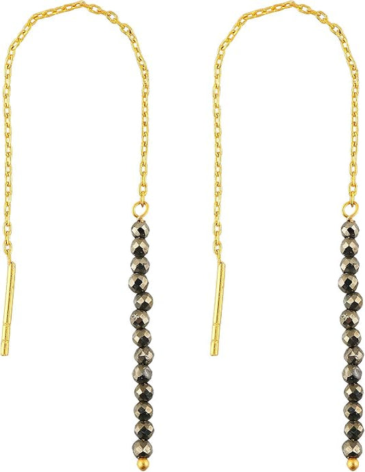Natural Gemstone Threader Earrings for Women - Dainty 2mm Faceted Beads - Birthstone Crystal Drop Earrings - Silver Plated Healing Jewelry