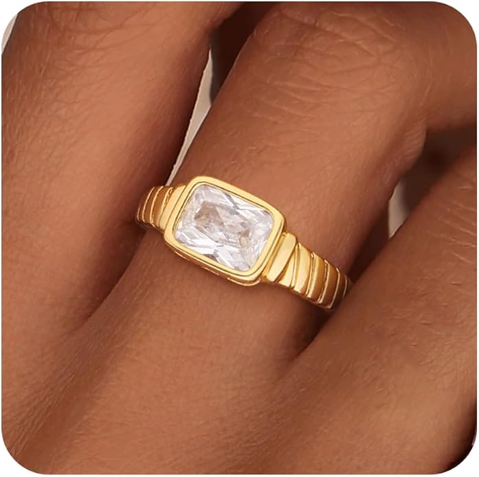 ZHESHY Birthstone Gold Rings for Women Non Tarnish Vintage Gemstone Emerald Rings 14K Gold Plated CZ Signet Thumb Band Rings Jewelry Gift for Birthday Size 6-10