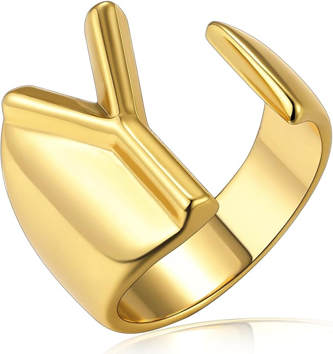 KeyStyle Bold Initial Letter Rings Adjustable, GoldChic Jewelry Women Gold Statement Ring Personalized Engraved Women’s Open Signet Ring for Party (Gold, White Gold, Black)