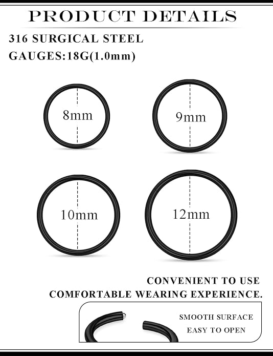 20G 18G 16G 14G 12G 10G 8G 6G Nose Rings Hoops 316l Surgical Steel Clicker Septum Lip Ring Tragus Helix Daith Rook Conch Snug Cartilage Lobe Earrings Hoop Piercing Jewelry For Women Men