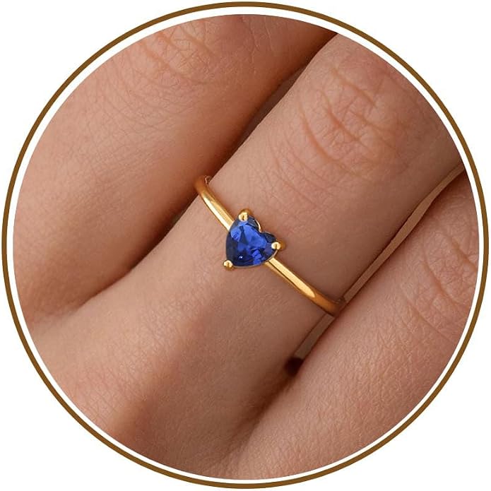 WFYOU Gold Heart Birthstone Rings for Women 14K Gold Plated Non Tarnish Stackable Pinky Cubic Zirconia Rings Emerald Dainty Gemstone Thumb Ring Band Cute Jewelry Birthday Gift Size 5-10