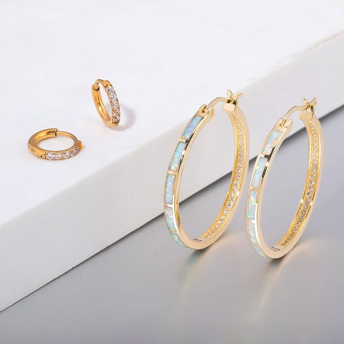 CiNily Opal Hoop Earrings,Women Jewelry Rhodium Plated/Rose Gold or Yellow Gold Plated Gemstone Big Hoop Earrings 32mm