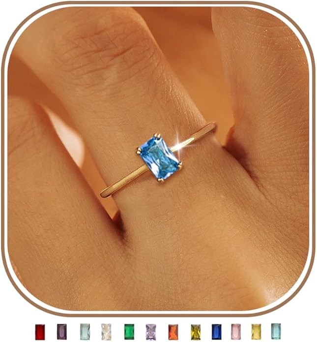KAERUN Gold Birthstone Rings for Women Non Tarnish 14K Gold Plated Stackable CZ Thumb Eternity Rings Dainty Emerald Green Gemstone Engagement Ring for Mother Lover Birthday Jewelry Gifts Size 6-10