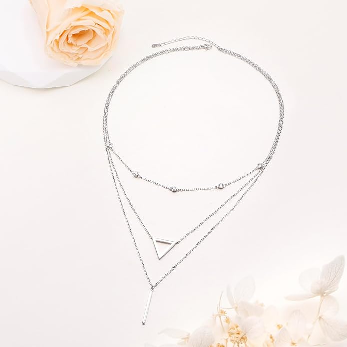 Layered Choker Necklaces for Women S925 Sterling Silver Circle/Heart/Cross/Star Multi Layered Necklace Handmade Bead Chain Adjustable Jewelry for Birthday
