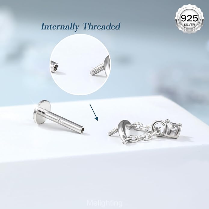 Melighting Sterling Silver 925 16G Cartilage Earring Internally Threaded Helix Earring Chain 16G Dangle 6/8 mm Tragus Piercing Jewelry Clear CZ Flat Back Earring