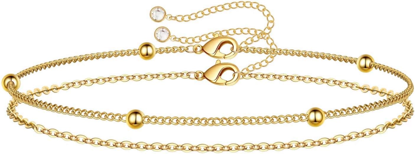 Dainty Gold Bracelets for Women, 14K Gold Plated Adjustable Layered Beads Bracelet Cute Evil Eye Oval Chain Pearl Bar Turtle Gold Bracelets for Women Jewelry