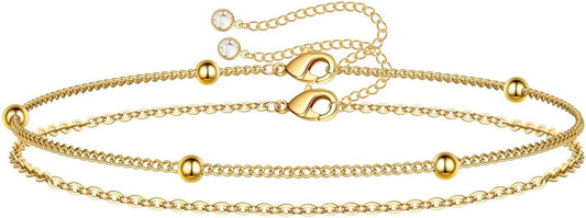 Dainty Gold Bracelets for Women, 14K Gold Plated Adjustable Layered Beads Bracelet Cute Evil Eye Oval Chain Pearl Bar Turtle Gold Bracelets for Women Jewelry