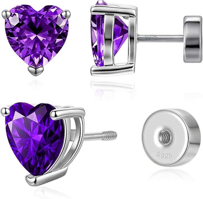 Heart Birthstone Flat Back Stud Earrings, 925 Sterling Silver 18K White Gold Plated, Poke-Free Comfortable Sleep Hypoallergenic Personalized Ear Piercing Jewelry, Mother's Day Birthday Gifts for Women