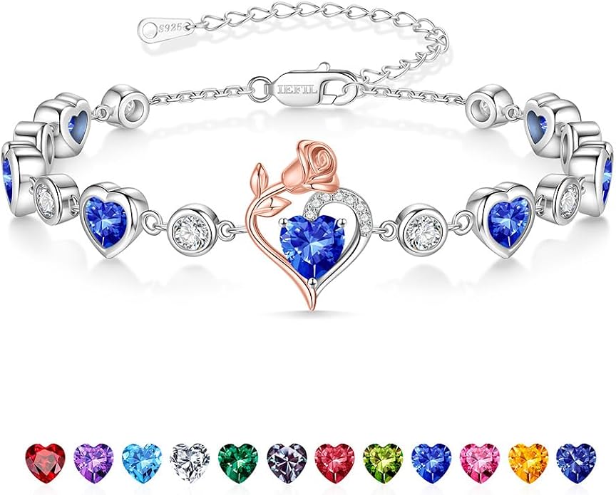 Iefil Birthstone Bracelets for Women - 925 Sterling Silver Rose Heart Charm Bracelets, Anniversary Birthday Gifts for Women Wife Mom Girlfriend Daughter, 6"+2"