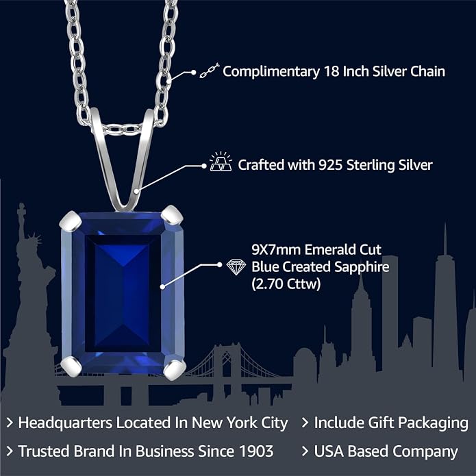 Gem Stone King Emerald Cut Pendant Necklace For Women | 925 Sterling Silver | Emerald Cut 9X7MM | Gemstone Birthstone | Fine Jewelry for Her Mom Wife | With 18 Inch Silver Chain