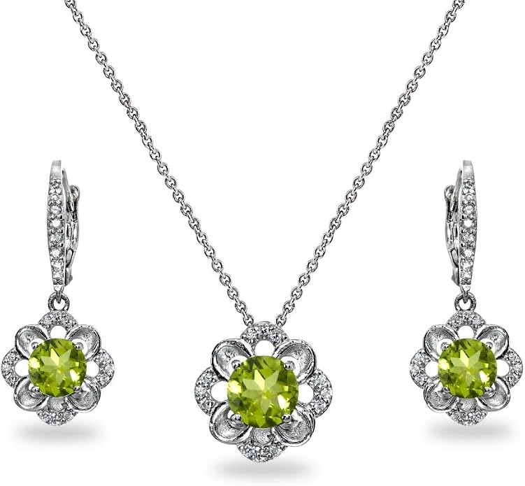 B. BRILLIANT Sterling Silver Genuine or Synthetic Gemstone 6mm Round-Cut Flower Dainty Slide Necklace & Leverback Earrings Set
