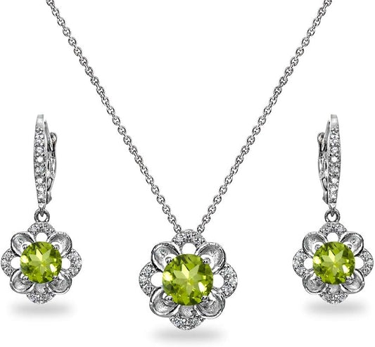 B. BRILLIANT Sterling Silver Genuine or Synthetic Gemstone 6mm Round-Cut Flower Dainty Slide Necklace & Leverback Earrings Set