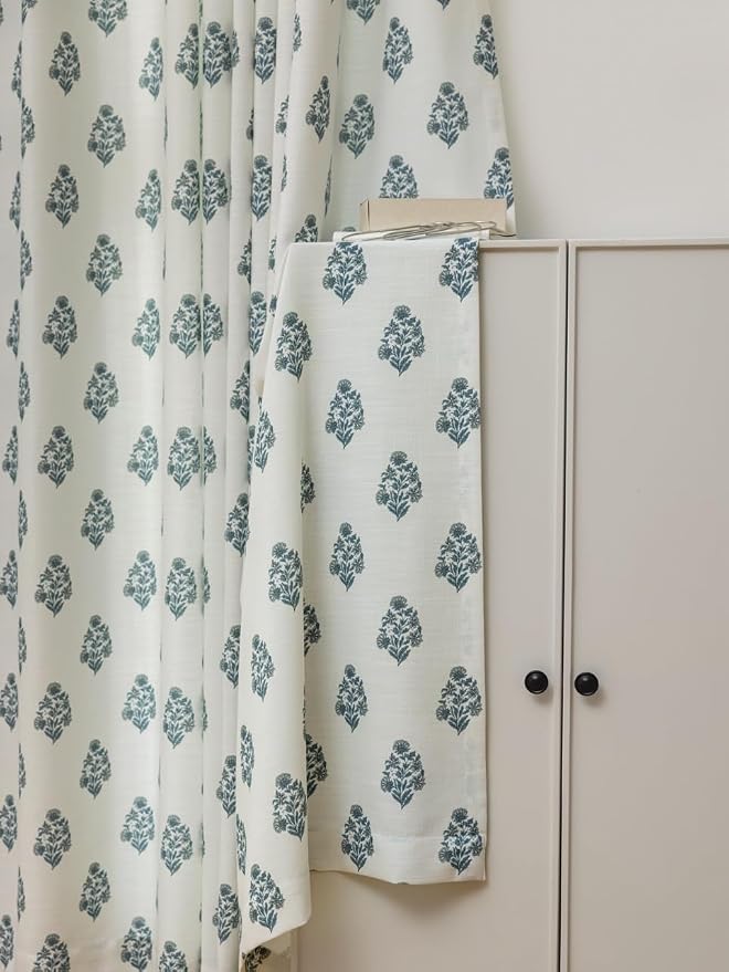 DrapePalette - Linen Blend Pinch Pleated Curtains 84 Inches Long for Living Room, Bedroom, Dining Room, Light Filtering Curtains 2 Panels Set, Modern Floral Printed Design, Kashmir Blue, 30" W x 84" L