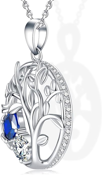 Tree of Life Birthstone Necklace for Women 925 Sterling Silver Birthstone Pendant 12 Months Necklaces with Zircon Birthday Gifts for Women, Mom, Grandma Cable Chain 18"+2"