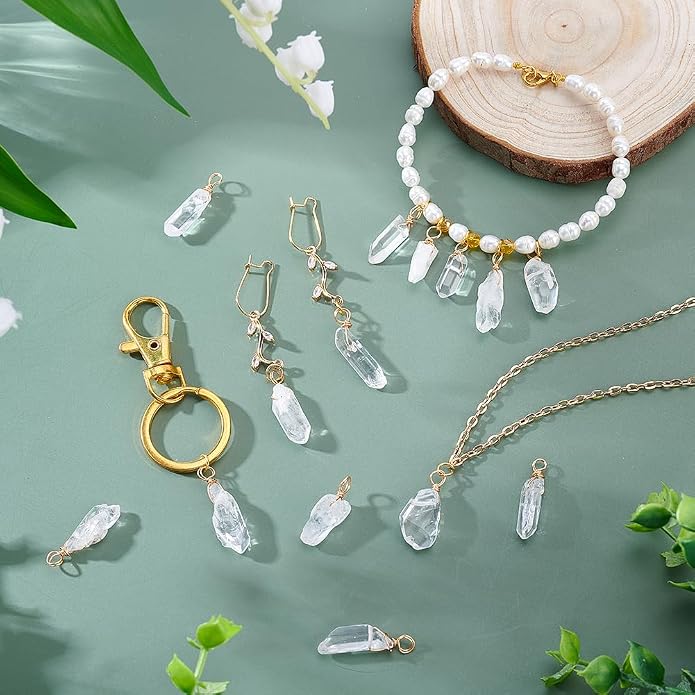 AHANDMAKER 30pcs Natural Quartz Crystal Pendant, 1 Inch Golden Copper Wire Wrapped Gemstone Charm Knotting Crystal Beads Column Drop for Earring Necklace Jewelry Making, Hole 2.8mm