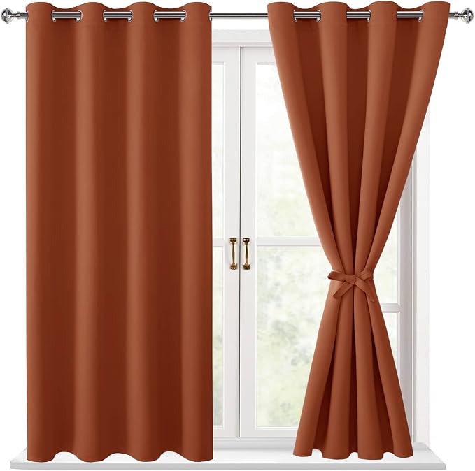 Hiasan Fall Blackout Curtains for Bedroom - Thermal Insulated & Energy Saving Window Curtains for Living Room/Kids Room Home Decor, 2 Drape Panels Sewn with Tiebacks, Burnt Ochre, 52 x 54 Inch