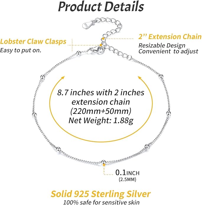 ChicSilver 925 Sterling Silver Ankle Bracelet for Women, Simple Cuban Link/Figaro/Twist Rope Chain Anklets for Beach Party(with Gift Box)