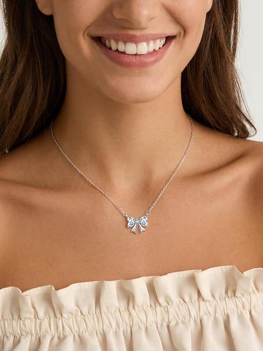 ChicSilver Bow and Cat Birthstone Necklace, 925 Sterling Silver Pendant Necklaces for Women, Hypoallergenic Silver Choker with 16 inch Rolo Chain, 12 Months Jewelry for Valentines Mothers Day Christmas