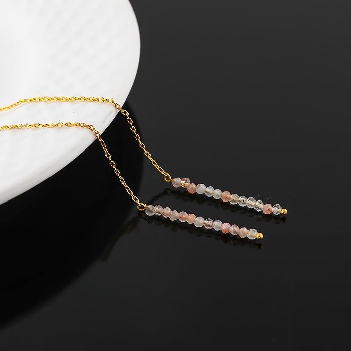 Natural Gemstone Threader Earrings for Women - Dainty 2mm Faceted Beads - Birthstone Crystal Drop Earrings - Silver Plated Healing Jewelry