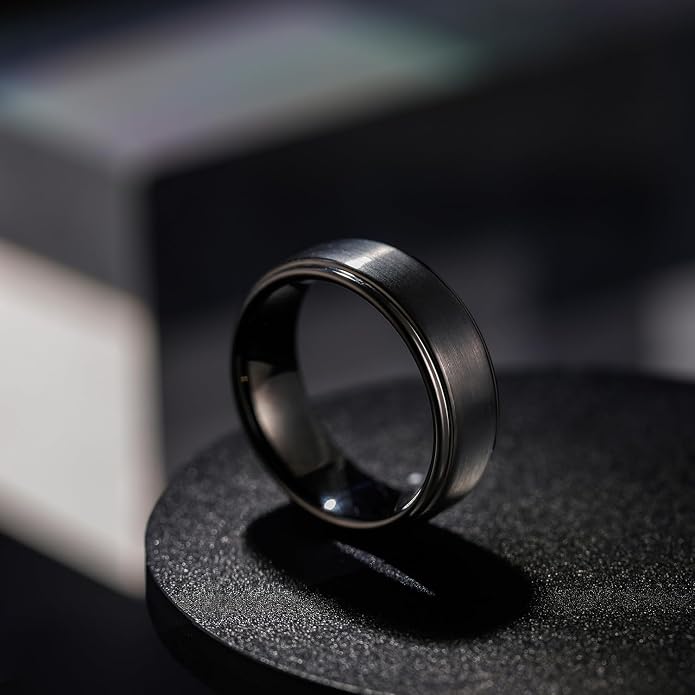 Hioleegi Mens Wedding Bands Tungsten Carbide Rings Basic 8mm Black Matt Classic, Anti-Scracth and Durable for All Occasions to Wear, Beveled Polished Edge Comfortable Fit