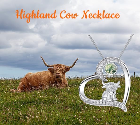Highland Cow Gifts for Women 925 Sterling Silver Highland Cow Birthstone Necklace Fluffy Cow Jewelry Gifts Birthday Christmas